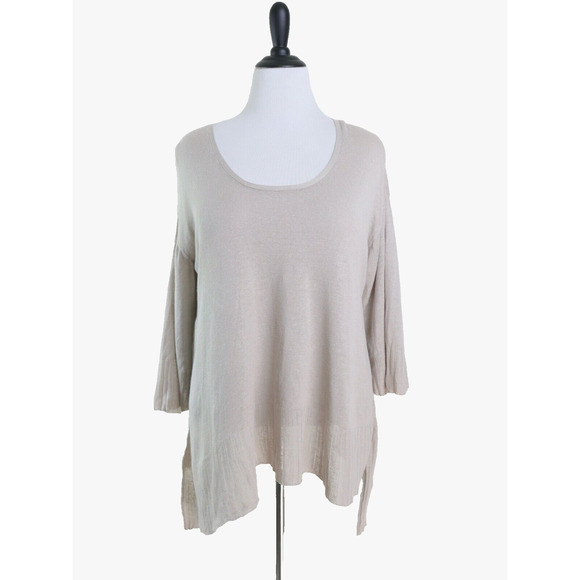 J Jill Size M Linen Blend Knit Top Lightweight Asymmetrical Hem Beige - Picture 2 of 11